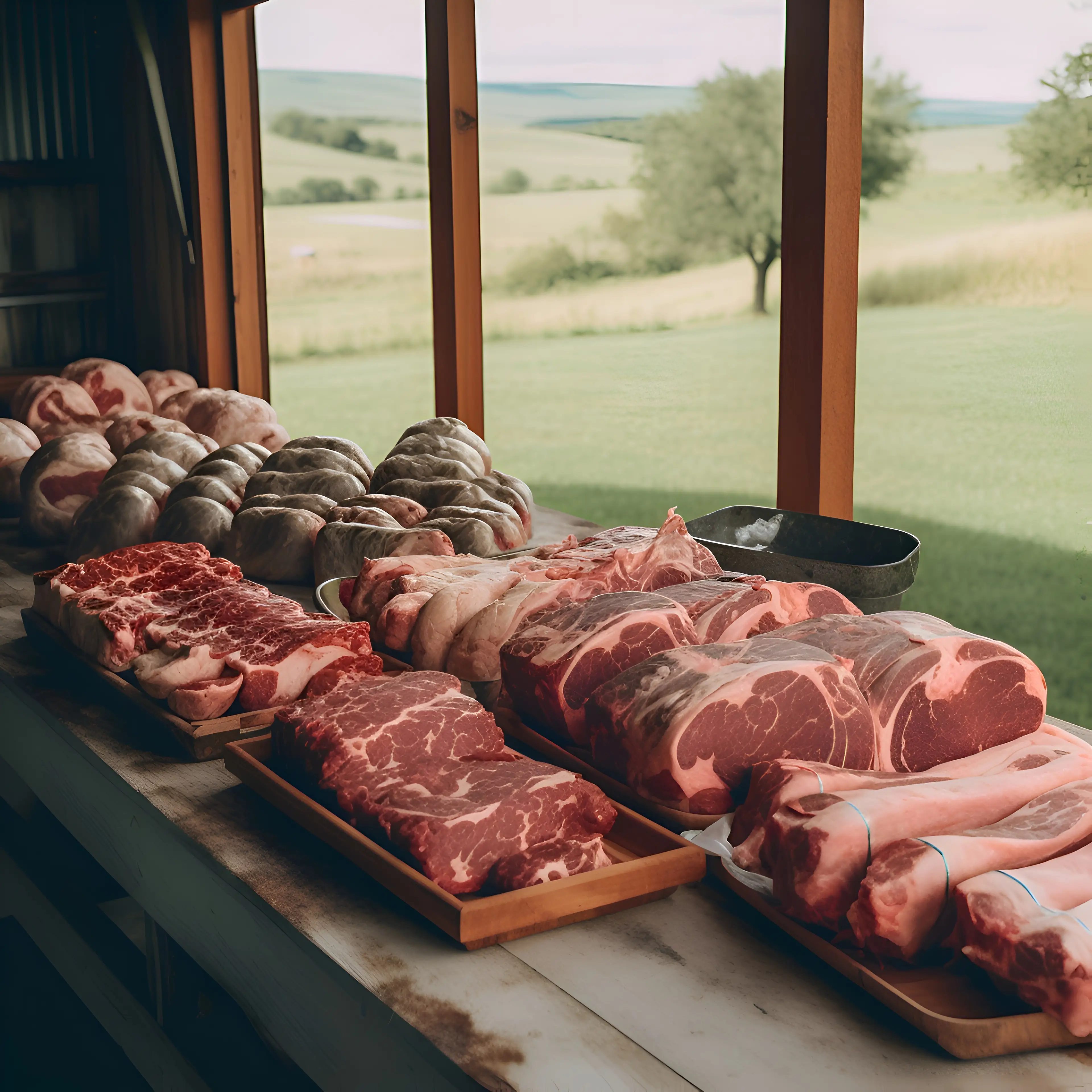 Beef cuts laid out on a butcher counter